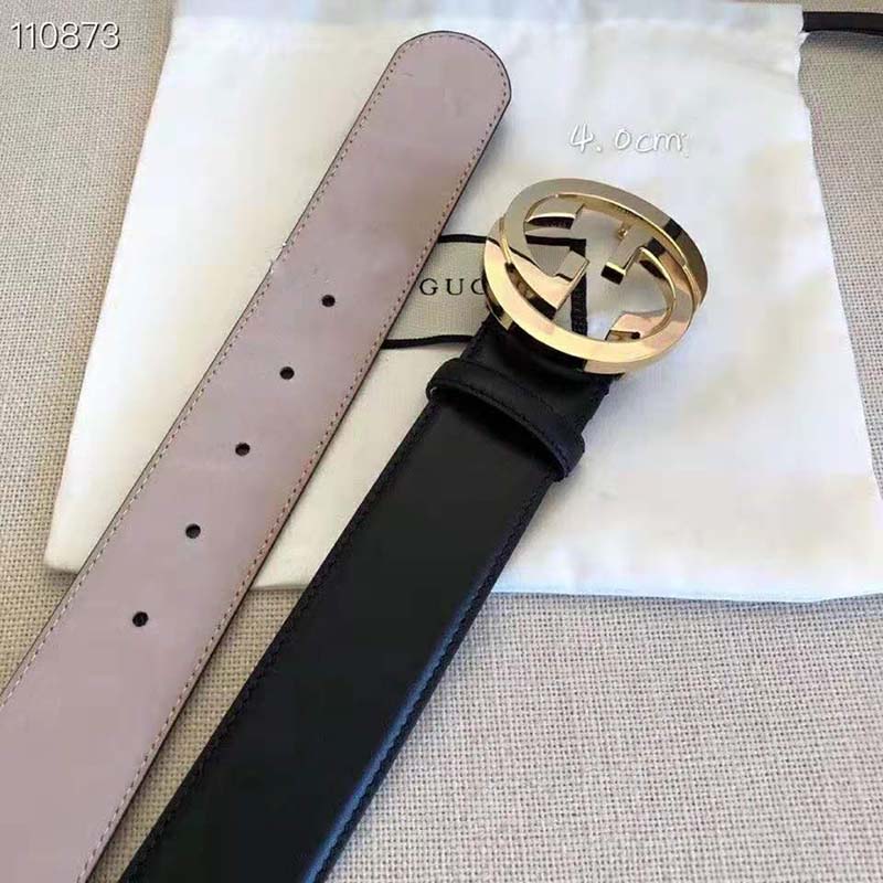G*u*i gg unisex leather belt with interlocking g buckle black 4 cm width