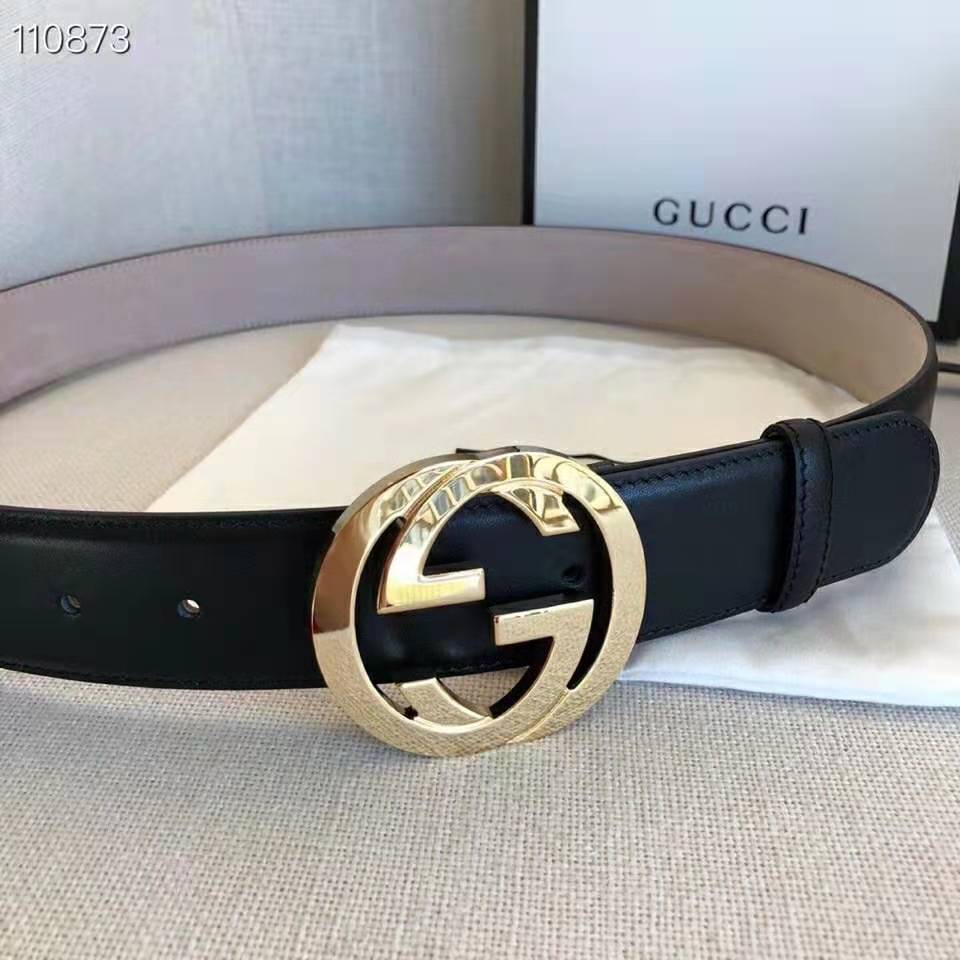 G*u*i gg unisex leather belt with interlocking g buckle black 4 cm width
