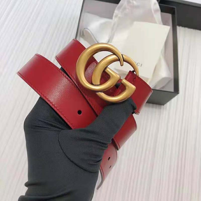 G*u*i unisex gg marmont thin leather belt with shiny double g buckle-red