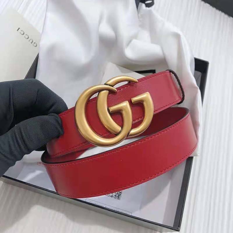 G*u*i unisex gg marmont thin leather belt with shiny double g buckle-red