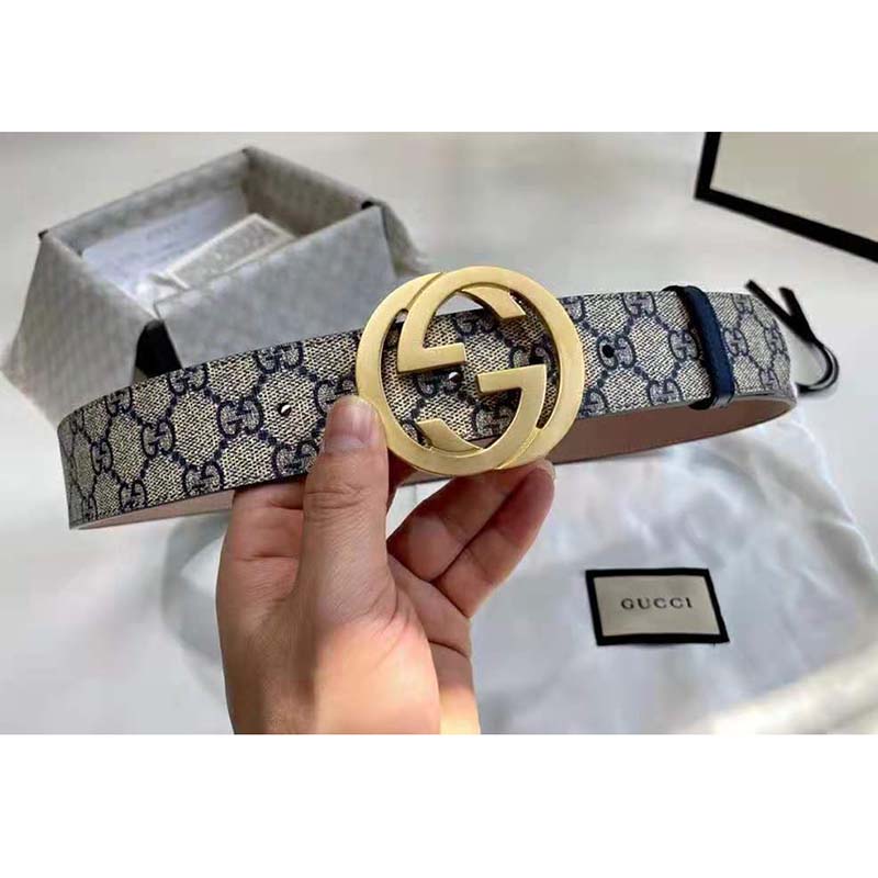 G*u*i unisex gg supreme belt g buckle beige/blue gg supreme canvas 4 cm width