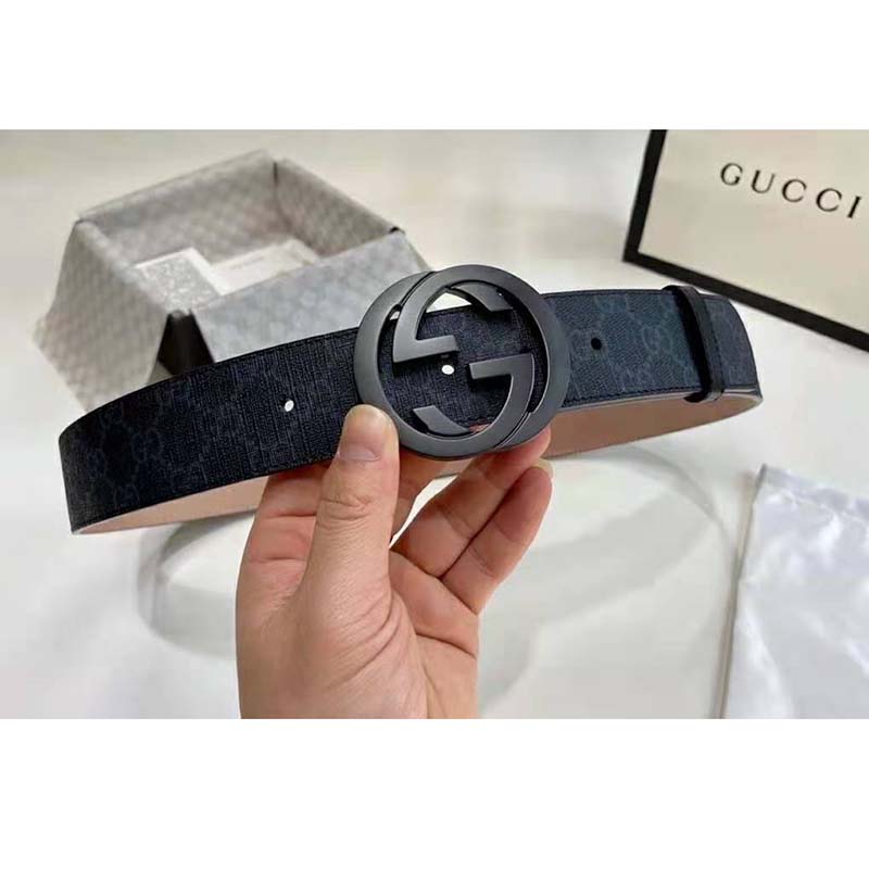 G*u*i unisex gg supreme belt with g buckle black/grey gg supreme canvas 4 cm width