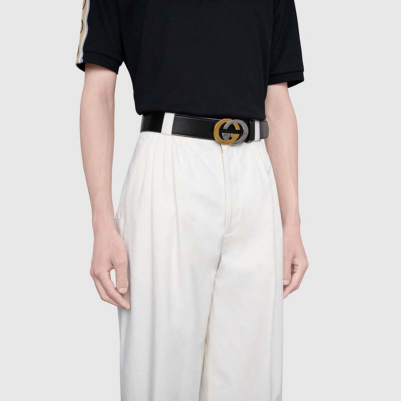 G*u*i unisex leather belt with interlocking g buckle 4 cm width black leather
