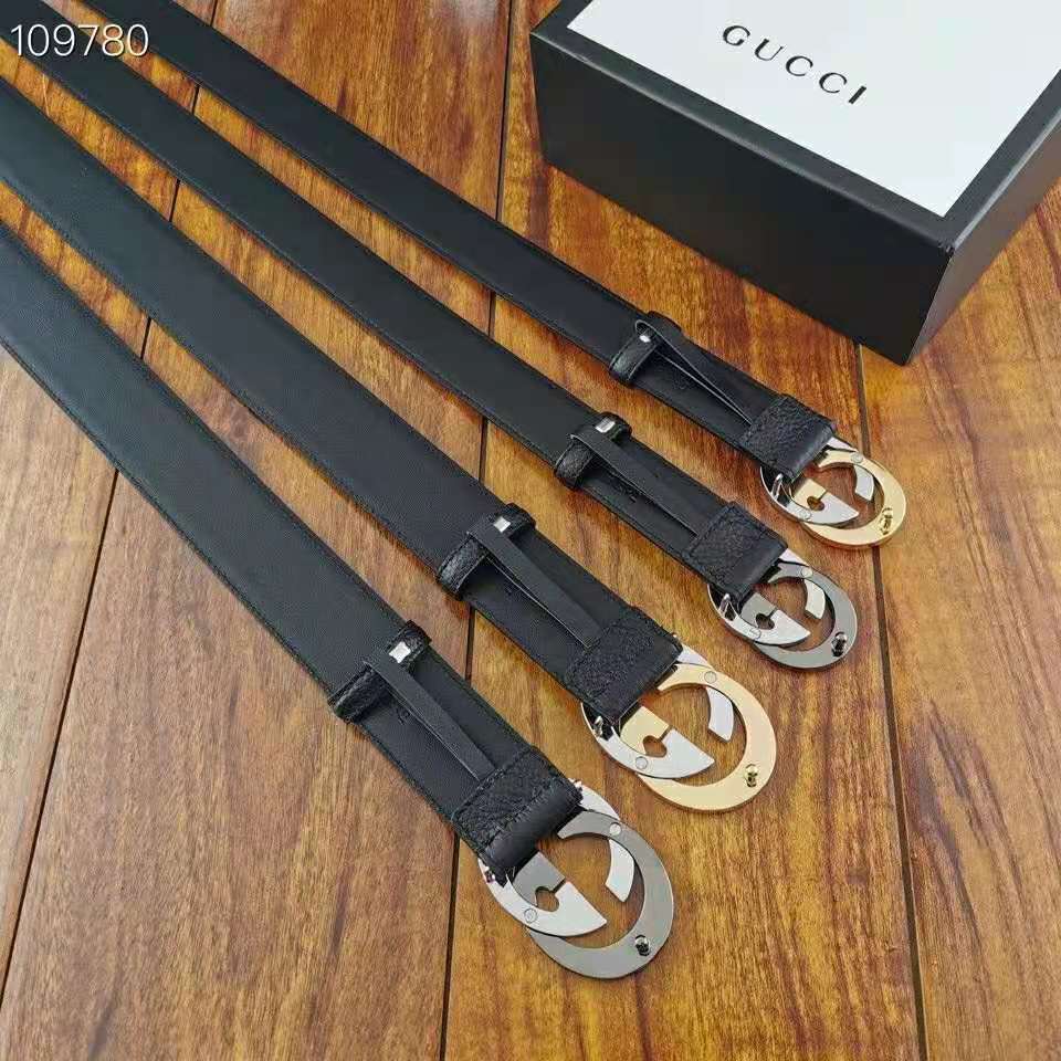 G*u*i unisex leather belt with interlocking g buckle 4 cm width black leather