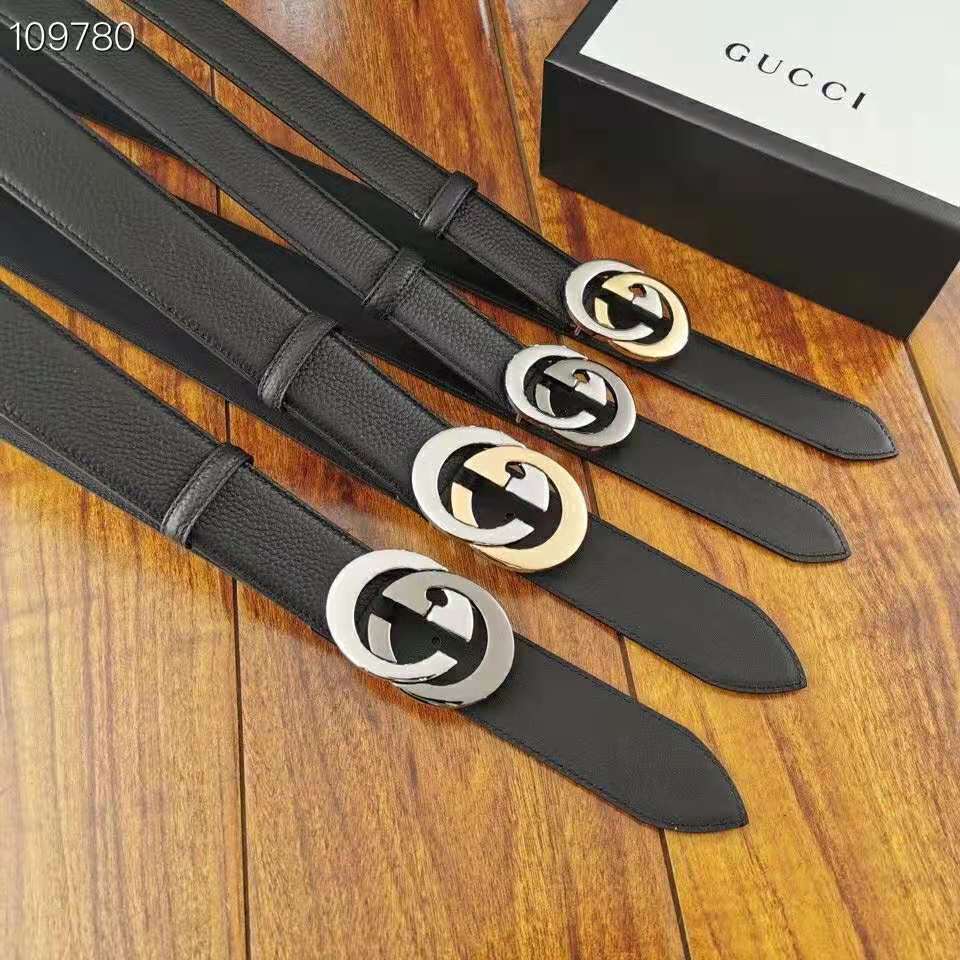 G*u*i unisex leather belt with interlocking g buckle 4 cm width black leather