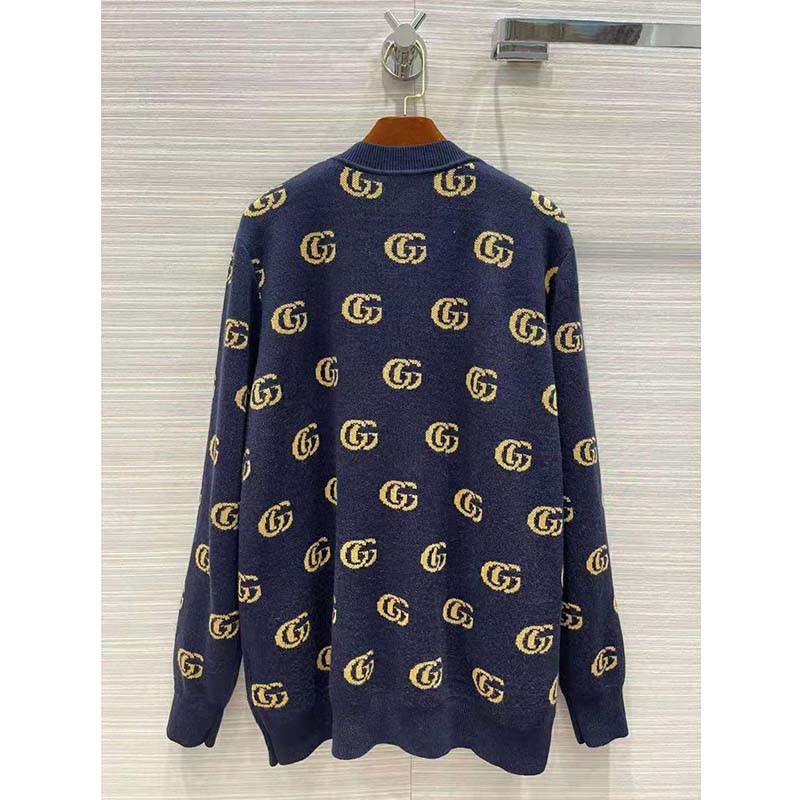 G*u*i men double g jacquard wool cardigan front pockets blue and beige