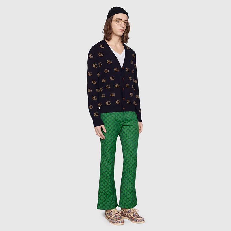 G*u*i men double g jacquard wool cardigan front pockets blue and beige