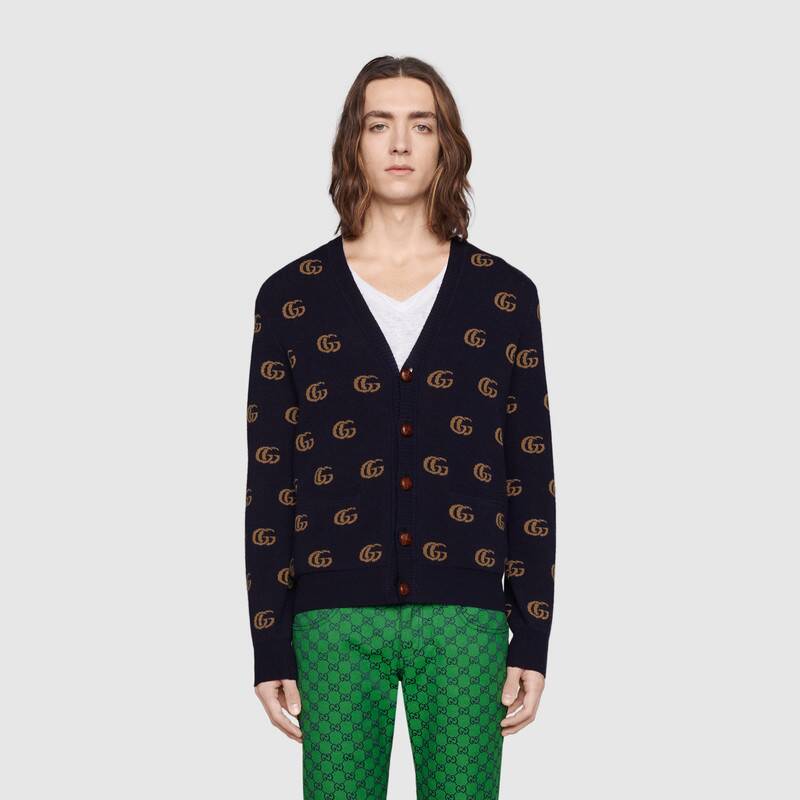 G*u*i men double g jacquard wool cardigan front pockets blue and beige