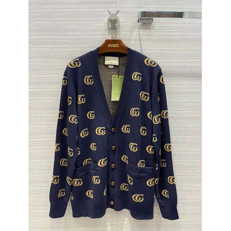 G*u*i men double g jacquard wool cardigan front pockets blue and beige