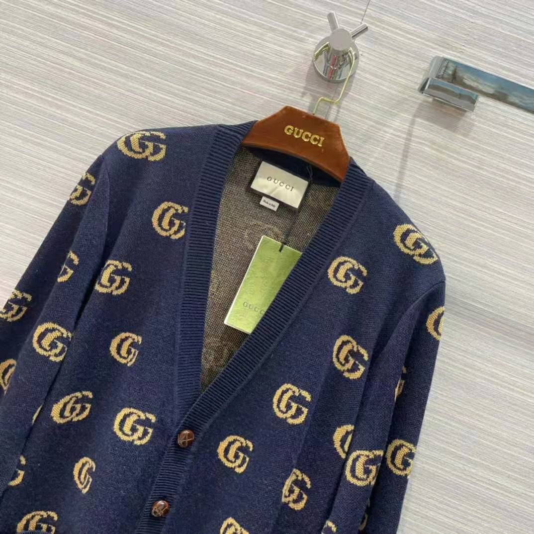 G*u*i men double g jacquard wool cardigan front pockets blue and beige