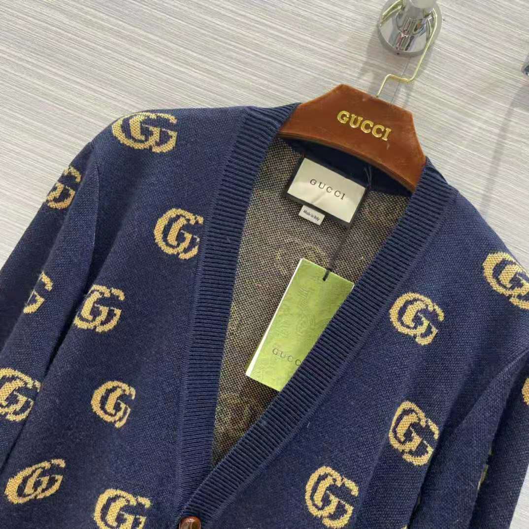 G*u*i men double g jacquard wool cardigan front pockets blue and beige