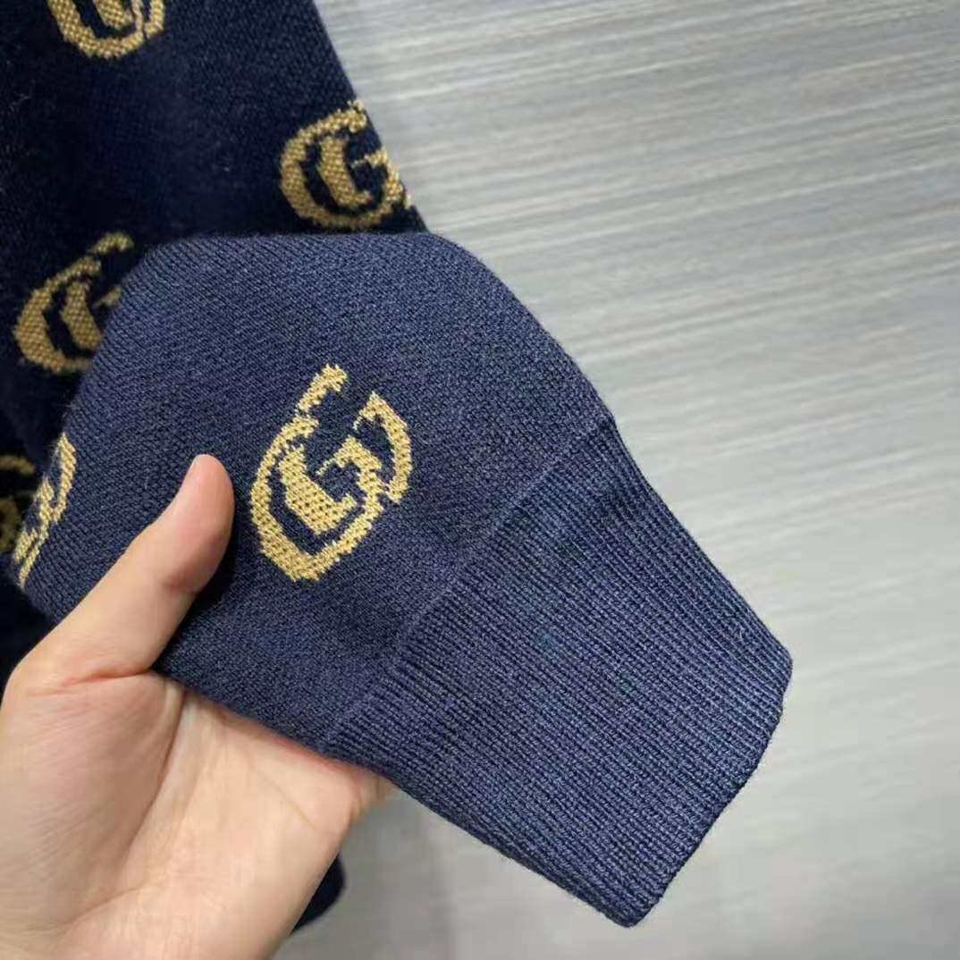G*u*i men double g jacquard wool cardigan front pockets blue and beige