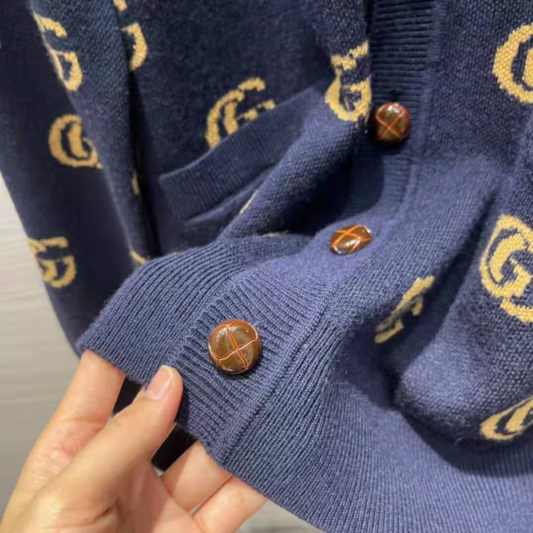 G*u*i men double g jacquard wool cardigan front pockets blue and beige