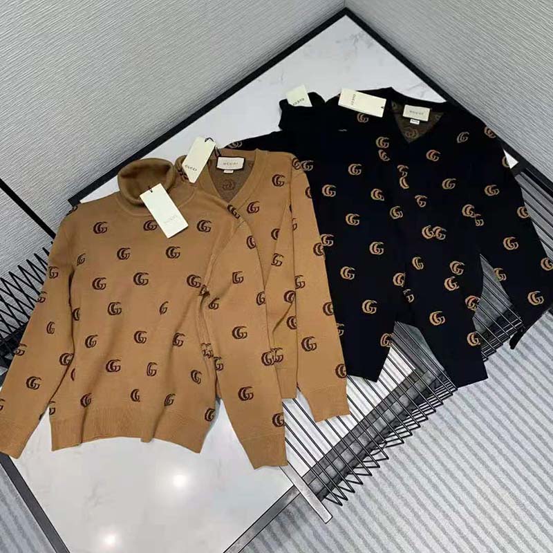 G*u*i men double g jacquard wool v-neck sweater camel and brown