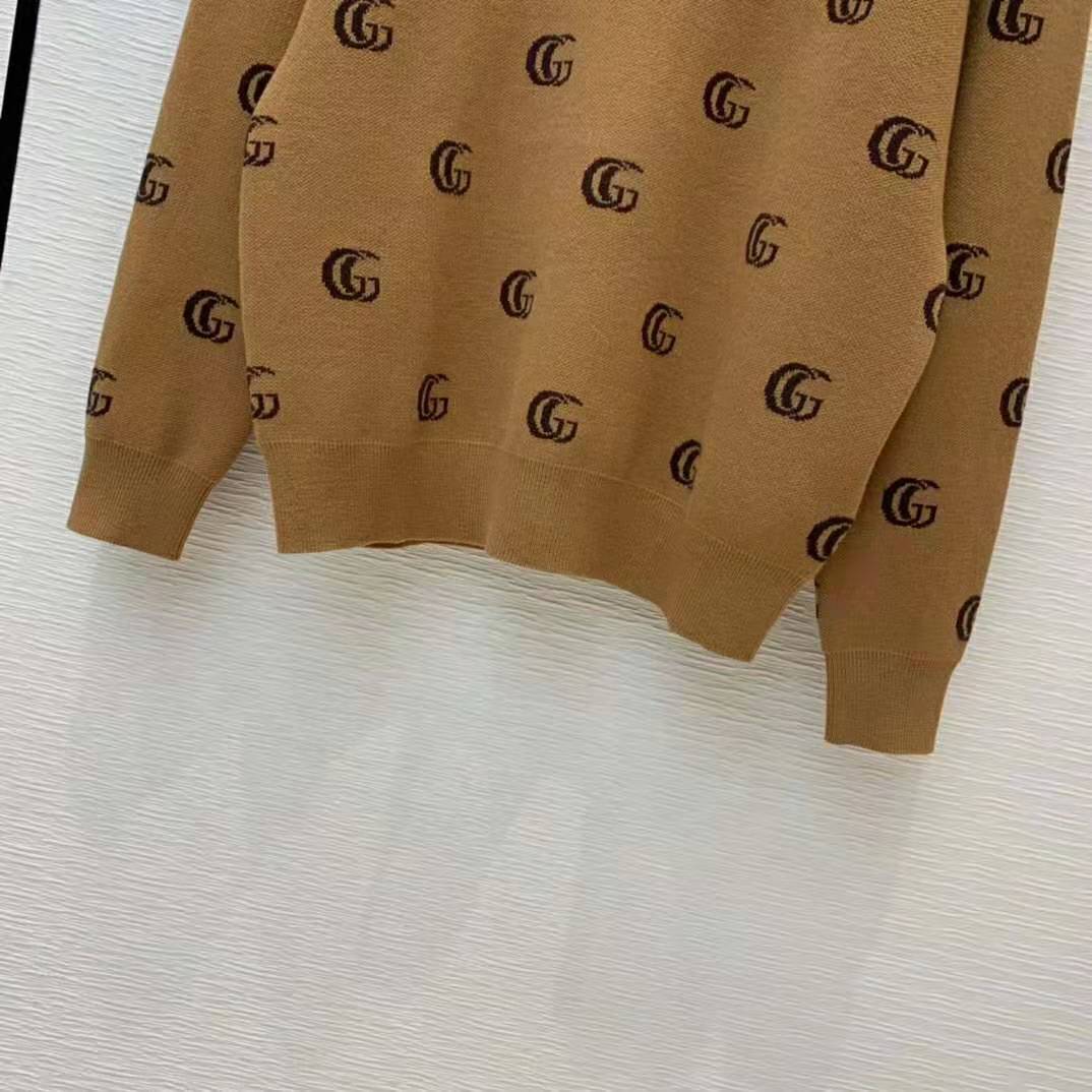 G*u*i men double g jacquard wool v-neck sweater camel and brown