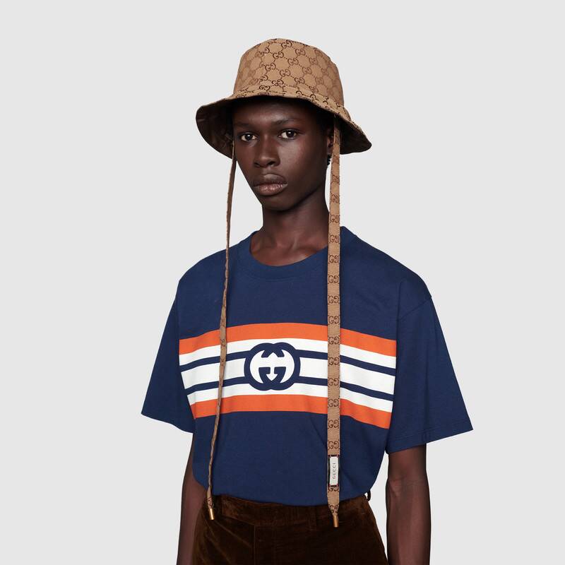 G*u*i men interlocking g stripe print t-shirt cotton jersey crewneck oversize fit-navy