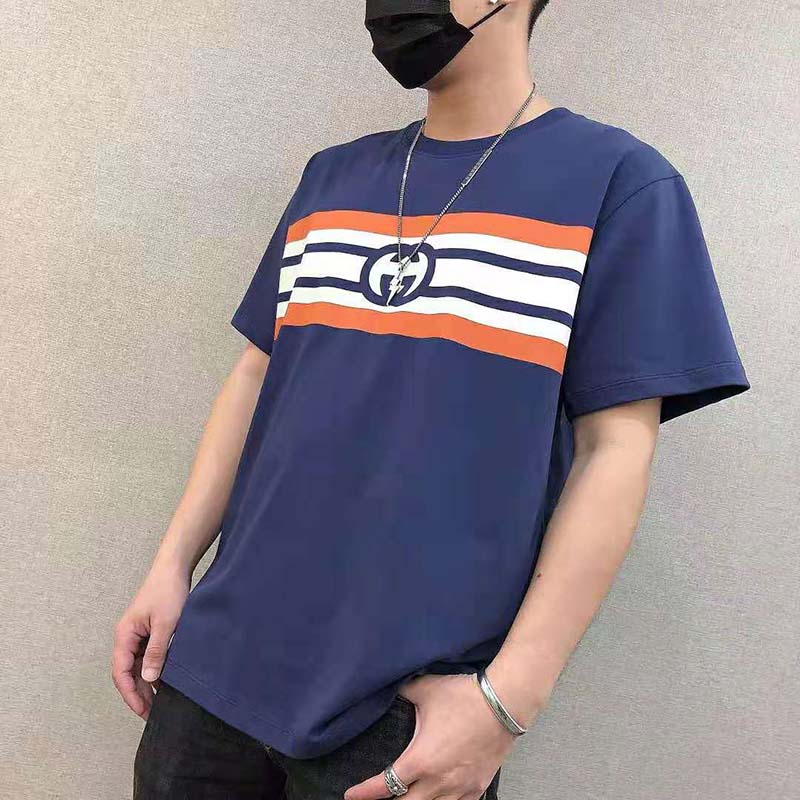 G*u*i men interlocking g stripe print t-shirt cotton jersey crewneck oversize fit-navy