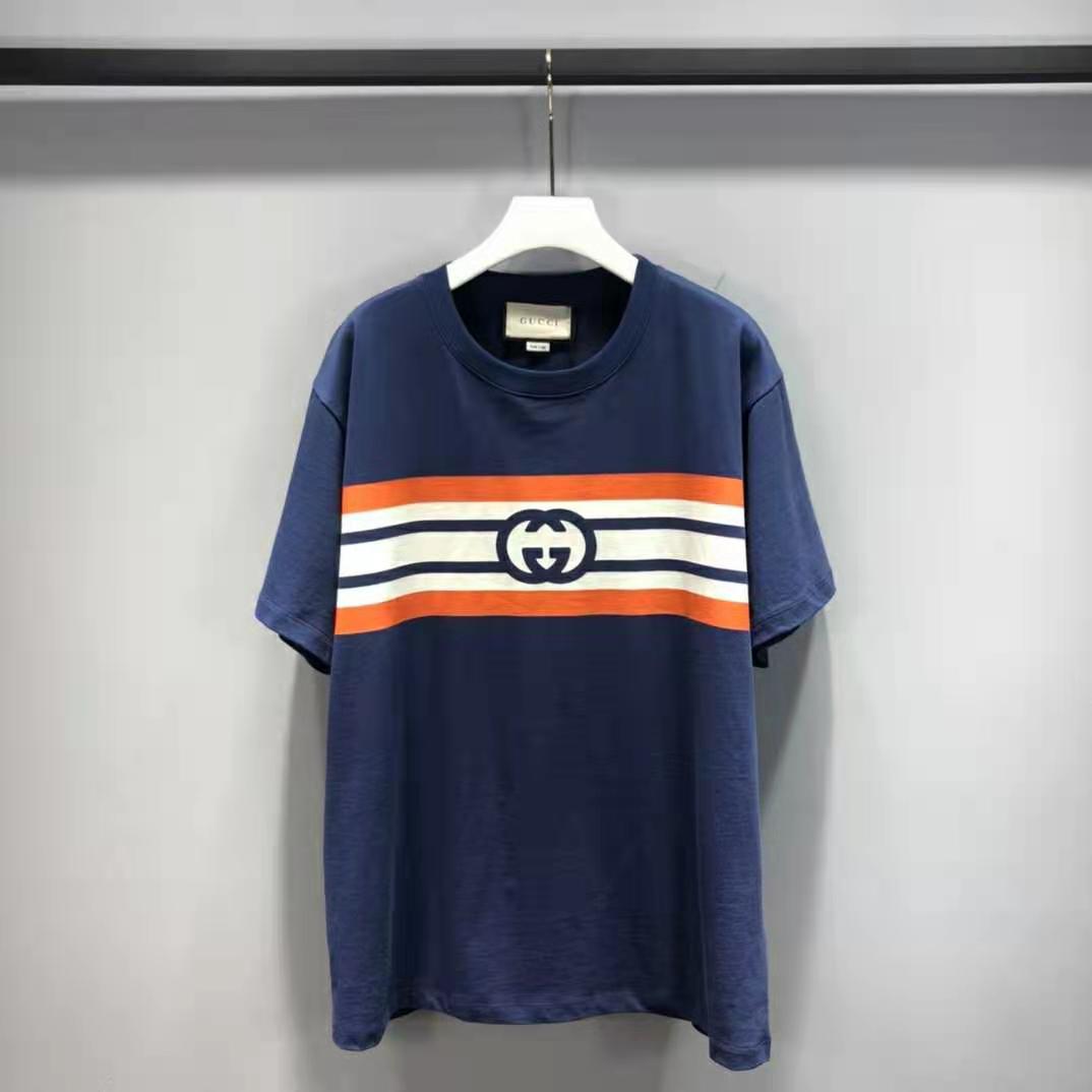 G*u*i women interlocking g stripe print t-shirt cotton jersey crewneck oversize fit-navy
