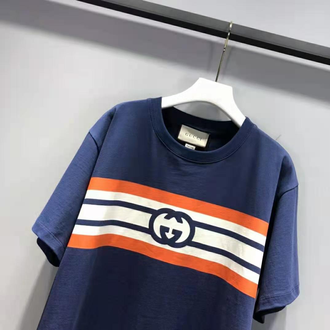 G*u*i women interlocking g stripe print t-shirt cotton jersey crewneck oversize fit-navy