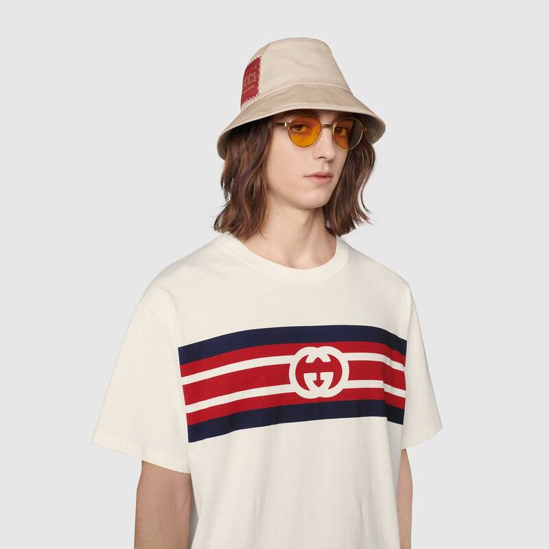 G*u*i men interlocking g stripe print t-shirt cotton jersey crewneck oversize fit-white