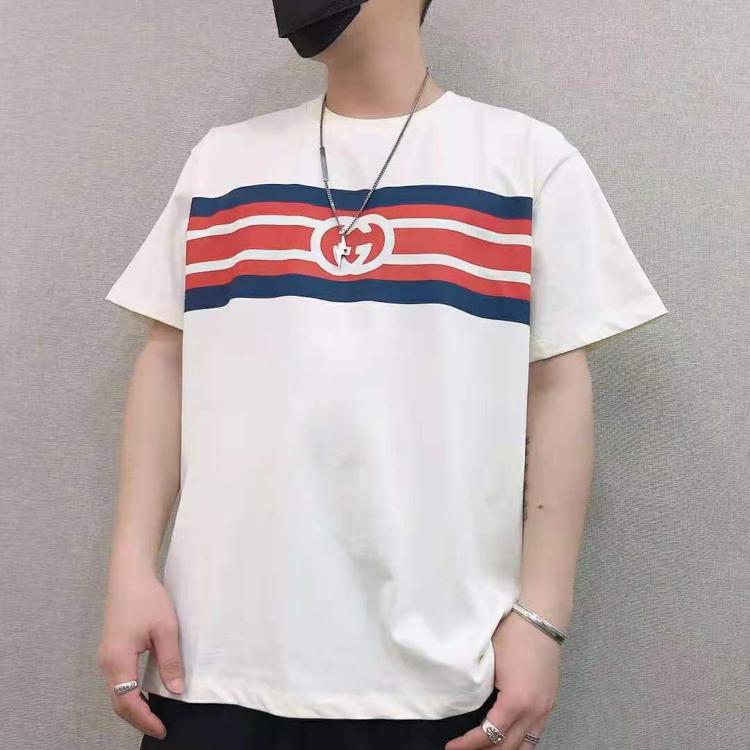 G*u*i men interlocking g stripe print t-shirt cotton jersey crewneck oversize fit-white
