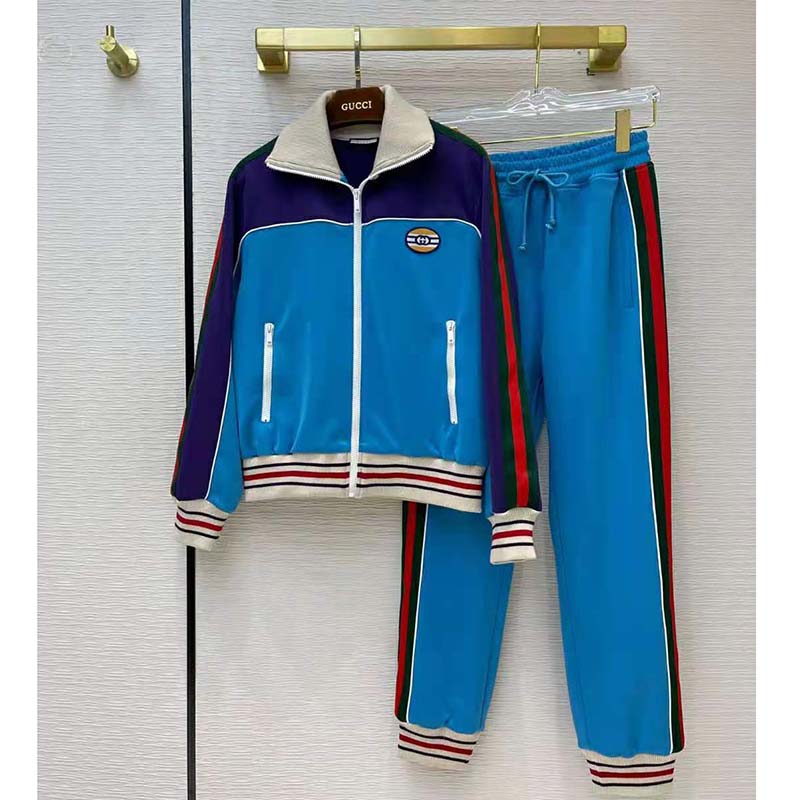 G*u*i women technical jersey zip-up jacket with web interlocking g-blue