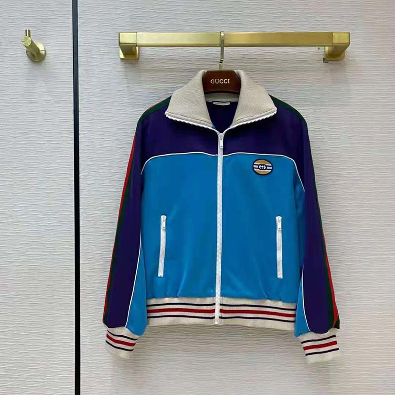 G*u*i women technical jersey zip-up jacket with web interlocking g-blue