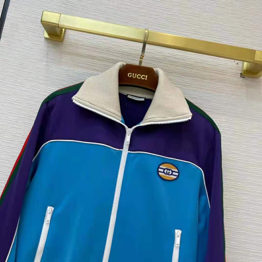 G*u*i women technical jersey zip-up jacket with web interlocking g-blue