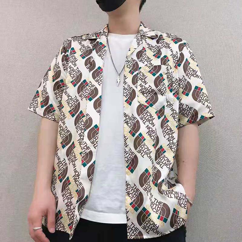 G*u*i men the north face x G*u*i web print silk shirt chest pocket button front