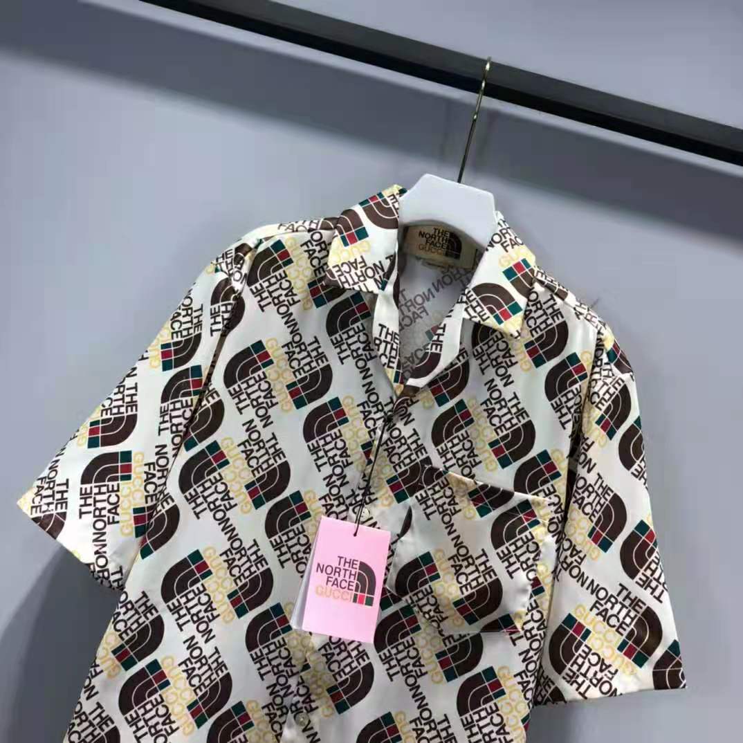 G*u*i men the north face x G*u*i web print silk shirt chest pocket button front