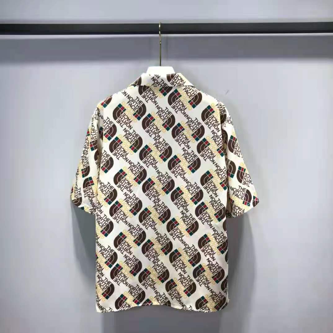 G*u*i men the north face x G*u*i web print silk shirt chest pocket button front