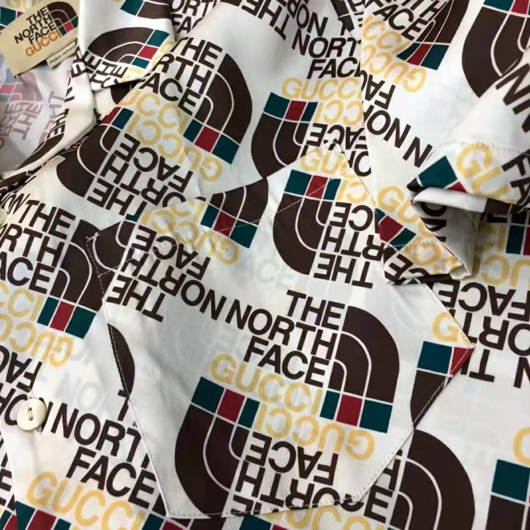 G*u*i men the north face x G*u*i web print silk shirt chest pocket button front