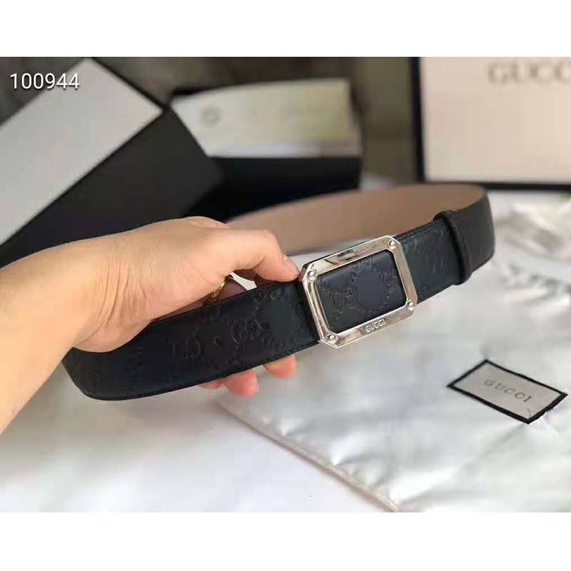 G*u*i unisex G*u*i signature leather belt rectangular buckle 4 cm width-black
