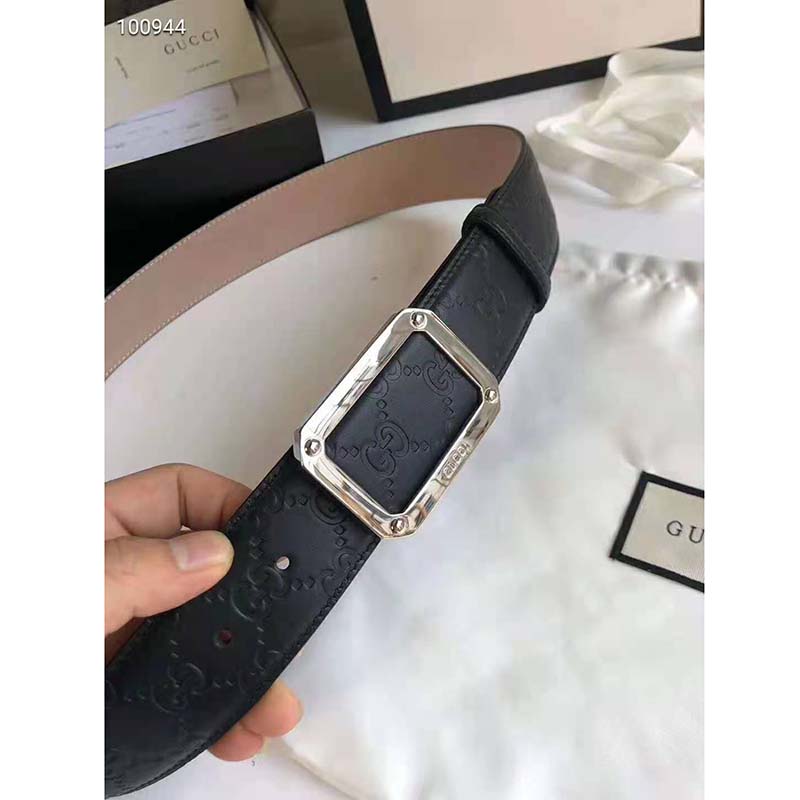 G*u*i unisex G*u*i signature leather belt rectangular buckle 4 cm width-black