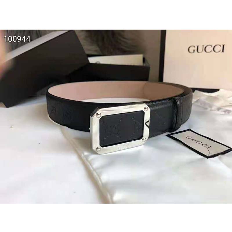 G*u*i unisex G*u*i signature leather belt rectangular buckle 4 cm width-black
