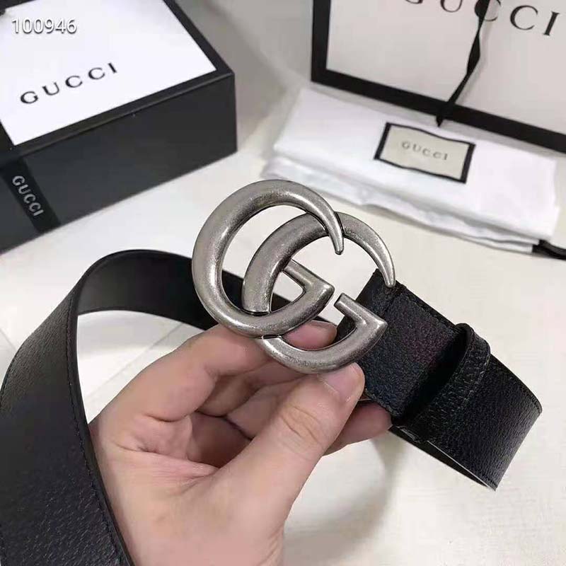 G*u*i unisex leather belt with double g buckle 4 cm width-black