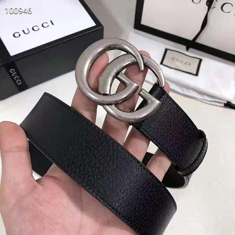 G*u*i unisex leather belt with double g buckle 4 cm width-black