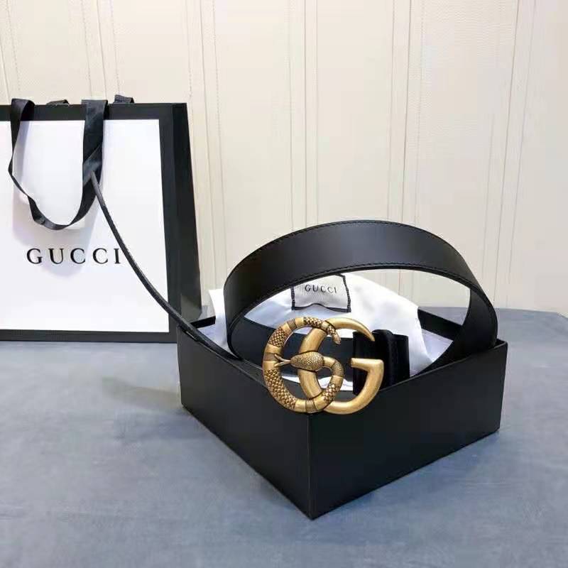G*u*i unisex leather belt with double g buckle with snake 4 cm width black