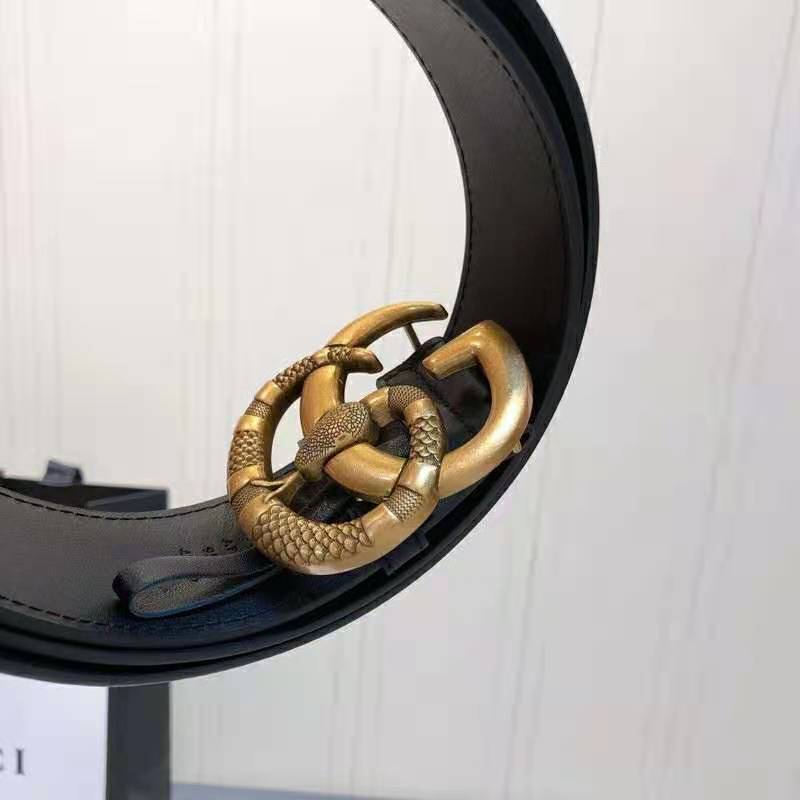 G*u*i unisex leather belt with double g buckle with snake 4 cm width black