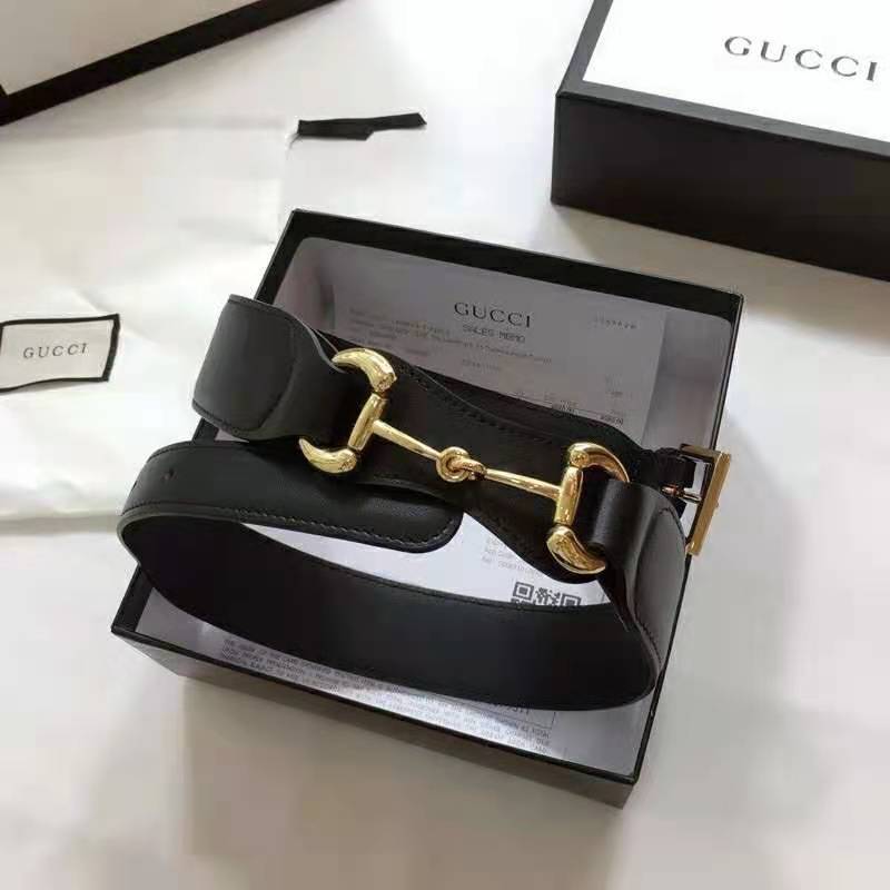 G*u*i unisex leather belt with horsebit 4 cm width black smooth leather