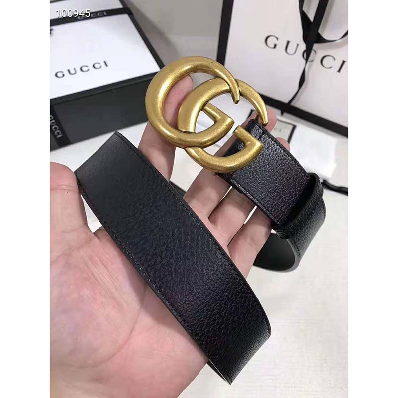 G*u*i unisex wide leather belt with double g buckle 4 cm width-black