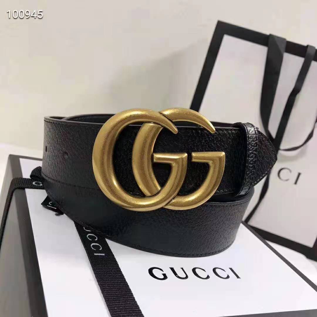 G*u*i unisex wide leather belt with double g buckle 4 cm width-black