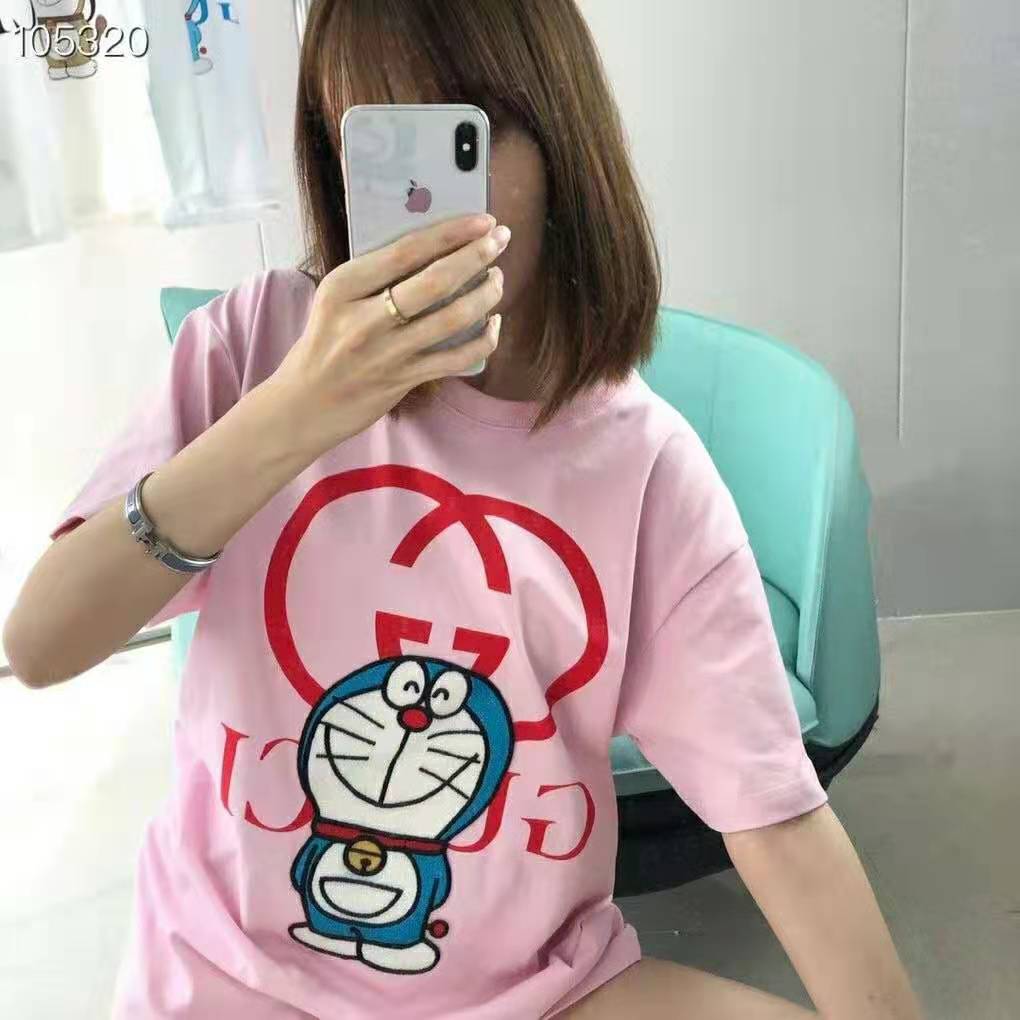 G*u*i women doraemon x G*u*i cotton t-shirt pink jersey crewneck oversize fit