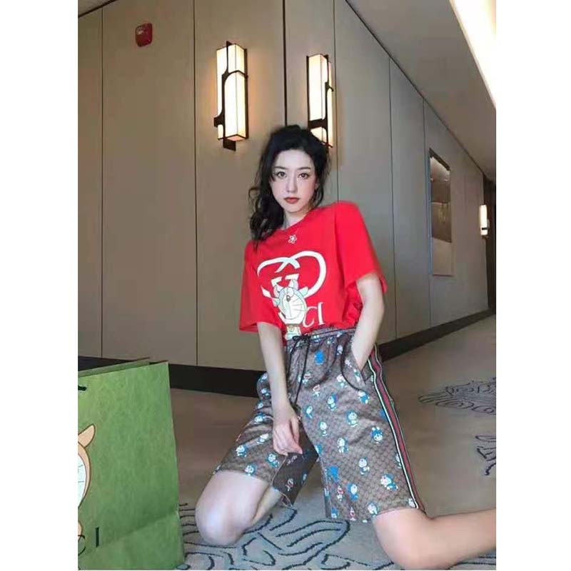 G*u*i women doraemon x G*u*i oversize t-shirt crewneck red cotton jersey