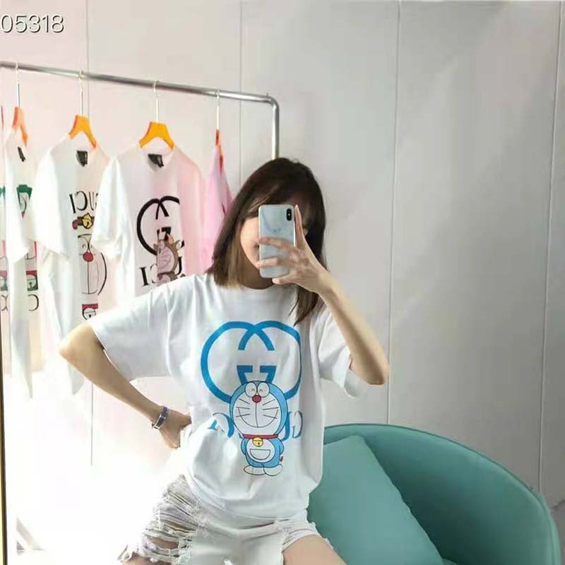 G*u*i women doraemon x G*u*i oversize t-shirt ivory cotton jersey crewneck-blue