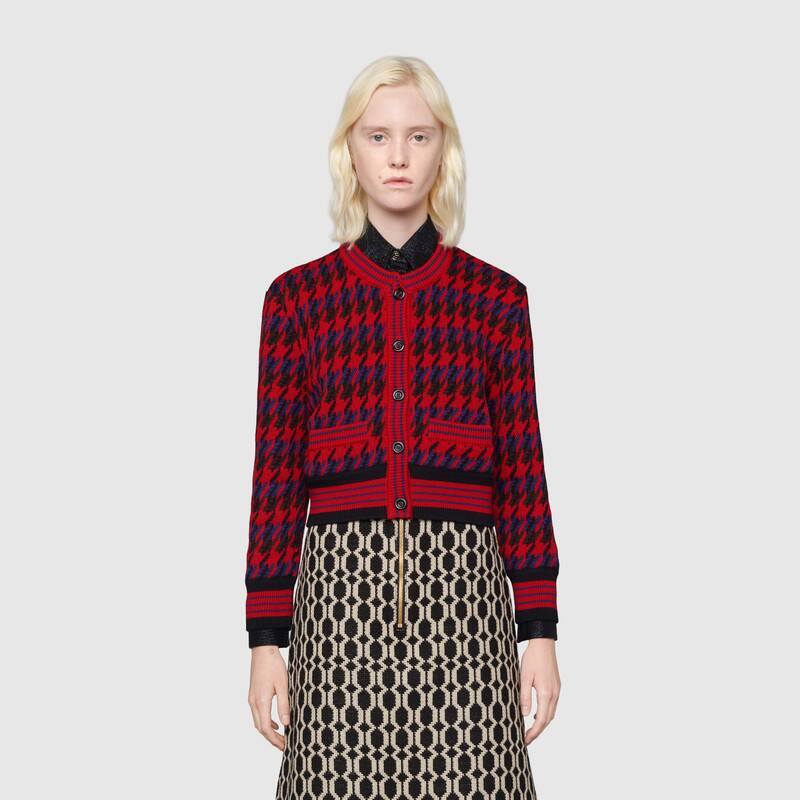 G*u*i women houndstooth wool cropped cardigan crew neck red and black