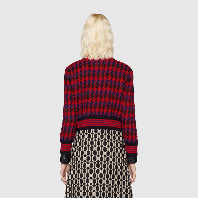 G*u*i women houndstooth wool cropped cardigan crew neck red and black