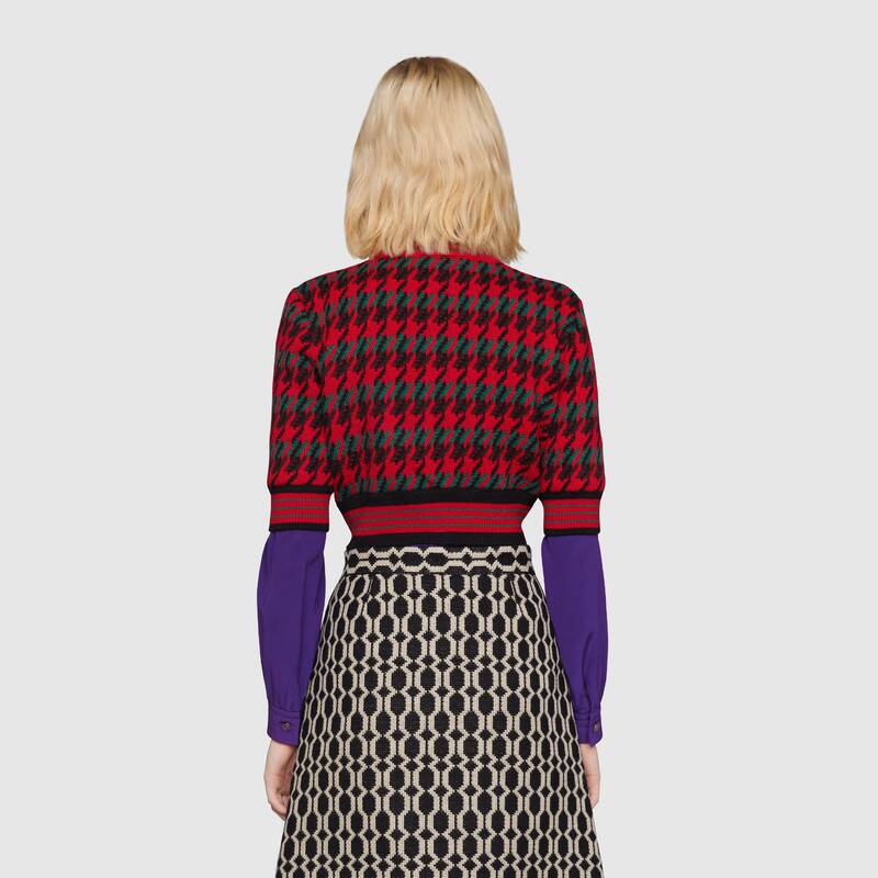 G*u*i women houndstooth wool cropped sweater crew neck cropped shape red and black