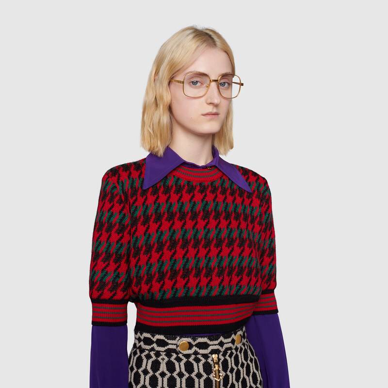 G*u*i women houndstooth wool cropped sweater crew neck cropped shape red and black