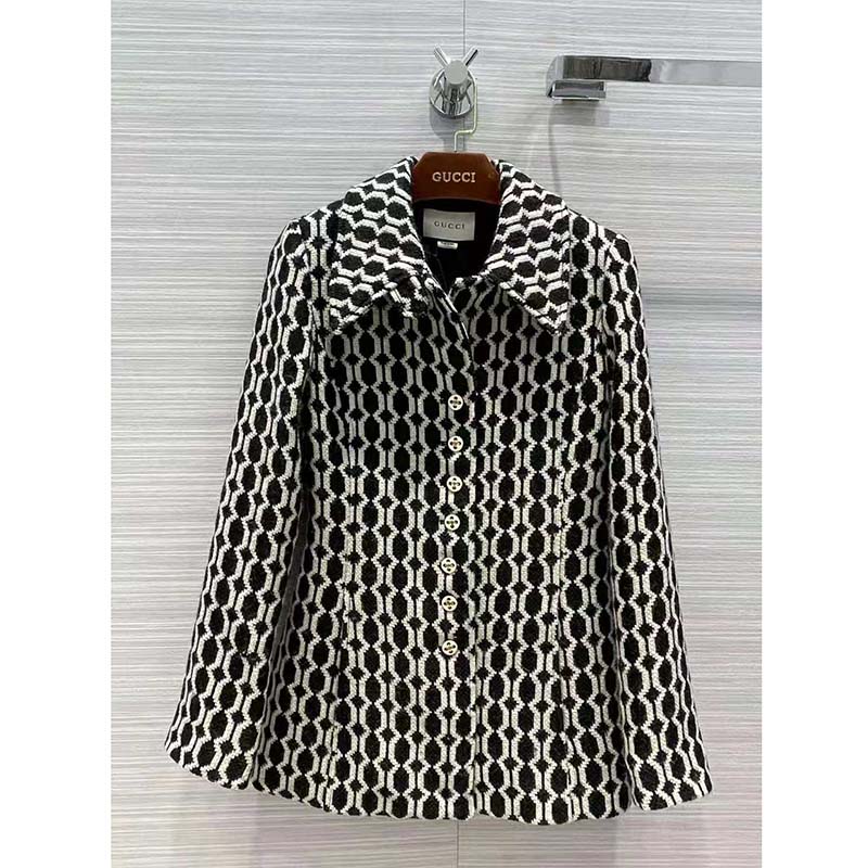 G*u*i women optical tweed jacket wool black and ivory optical tweed point collar